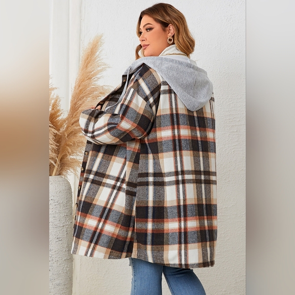 Honey Plus Size Plaid Drop Shoulder Hooded Coat - Picture 5 of 6